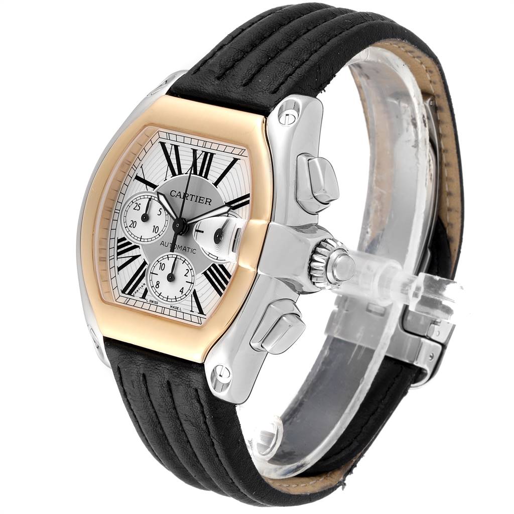 This image shows a Cartier Roadster W62027Z1 Men
s Steel and Gold (two tone) Silver Dial W62027Z1 Men
s Steel and Gold (two tone) Silver Dial watch at a three-quarter angle, highlighting its face, crown, pushers, and leather strap.