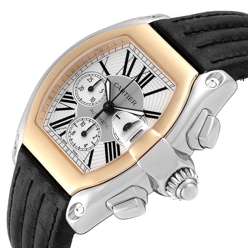 The Roadster model by Cartier is shown at an angle highlighting the dial, crown, and pushers, with a black strap partially visible.