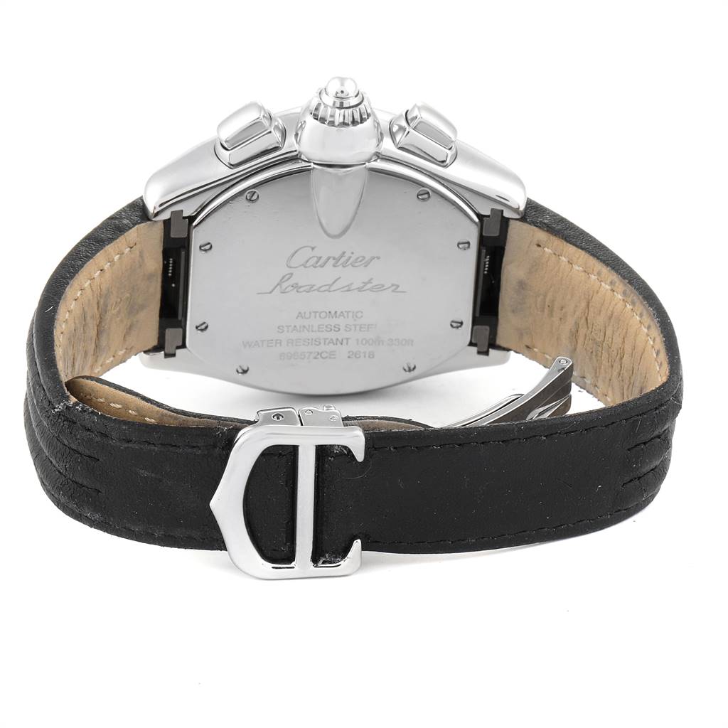 This image shows the back view of the Cartier Roadster W62027Z1 Men
s Steel and Gold (two tone) Silver Dial W62027Z1 Men
s Steel and Gold (two tone) Silver Dial watch, displaying the case back, leather strap, and buckle.