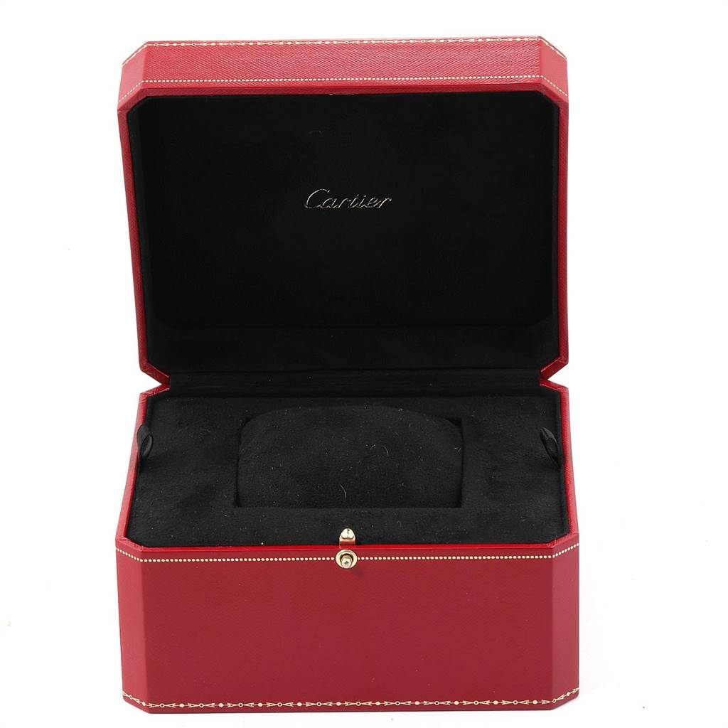 The image shows an open red leather Cartier watch box designed for the Roadster model, with black interior lining.