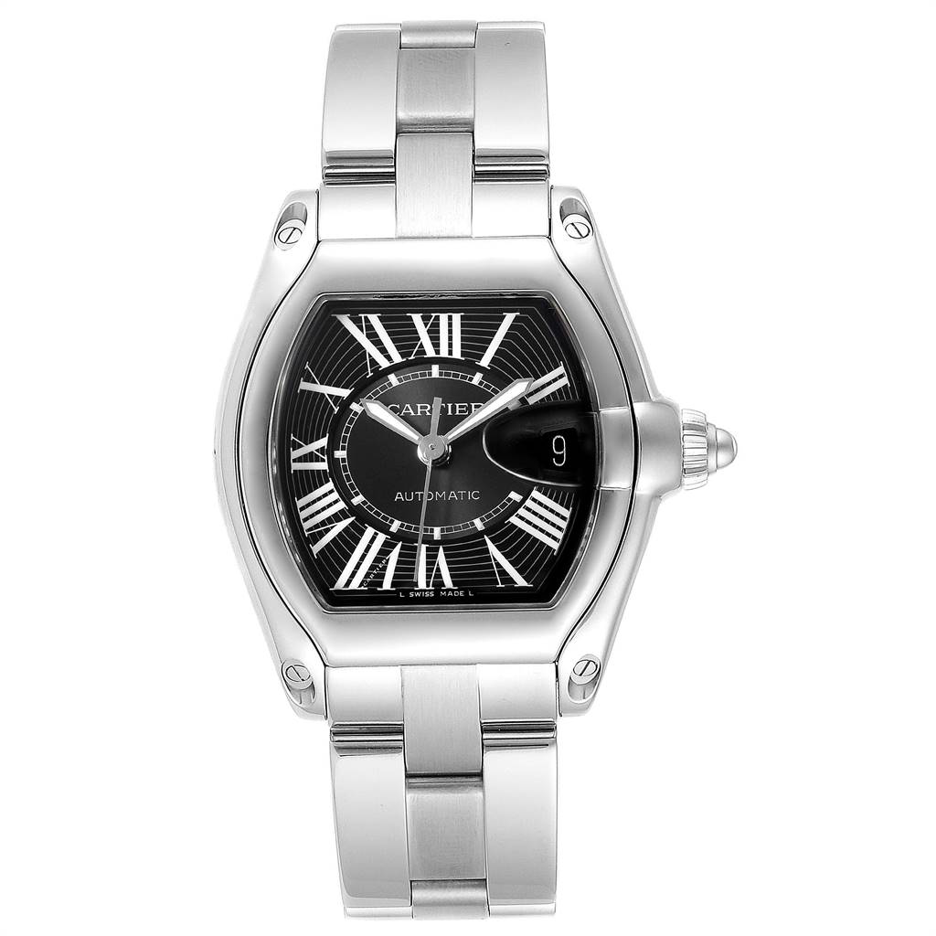 This Cartier Roadster W62041V3 Men's Stainless Steel Black Dial W62041V3 Men's Stainless Steel Black Dial watch is shown from a front angle, displaying the face, bezel, and bracelet.