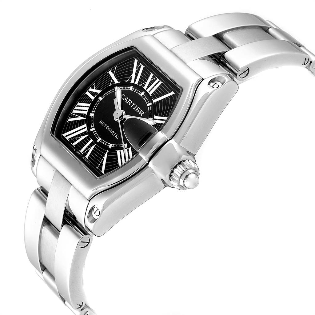 This image shows a Cartier Roadster W62041V3 Men's Stainless Steel Black Dial W62041V3 Men's Stainless Steel Black Dial watch angled to display the face, crown, and part of the band.