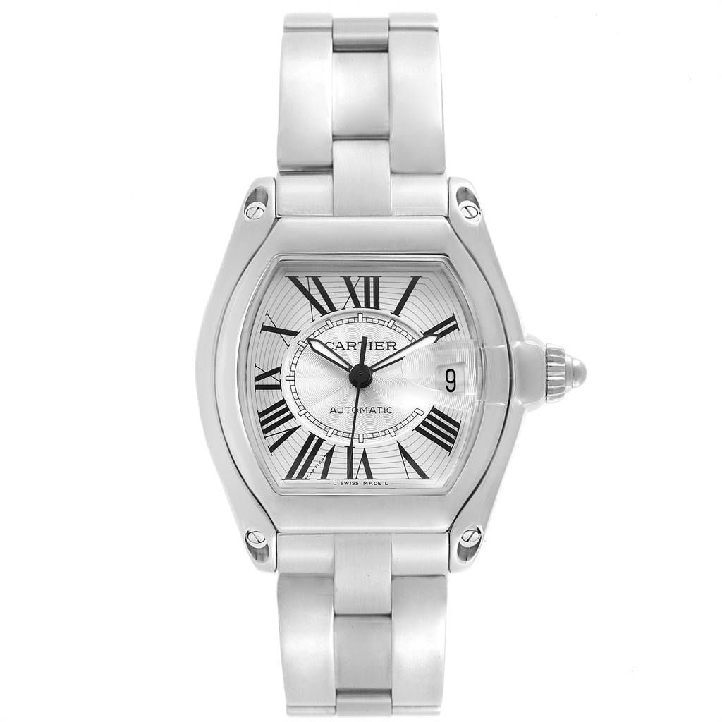 The image shows a Cartier Roadster W62025V3 Men's Stainless Steel Silver Dial W62025V3 Men's Stainless Steel Silver Dial watch from a straight-on angle, highlighting the face, case, and bracelet.