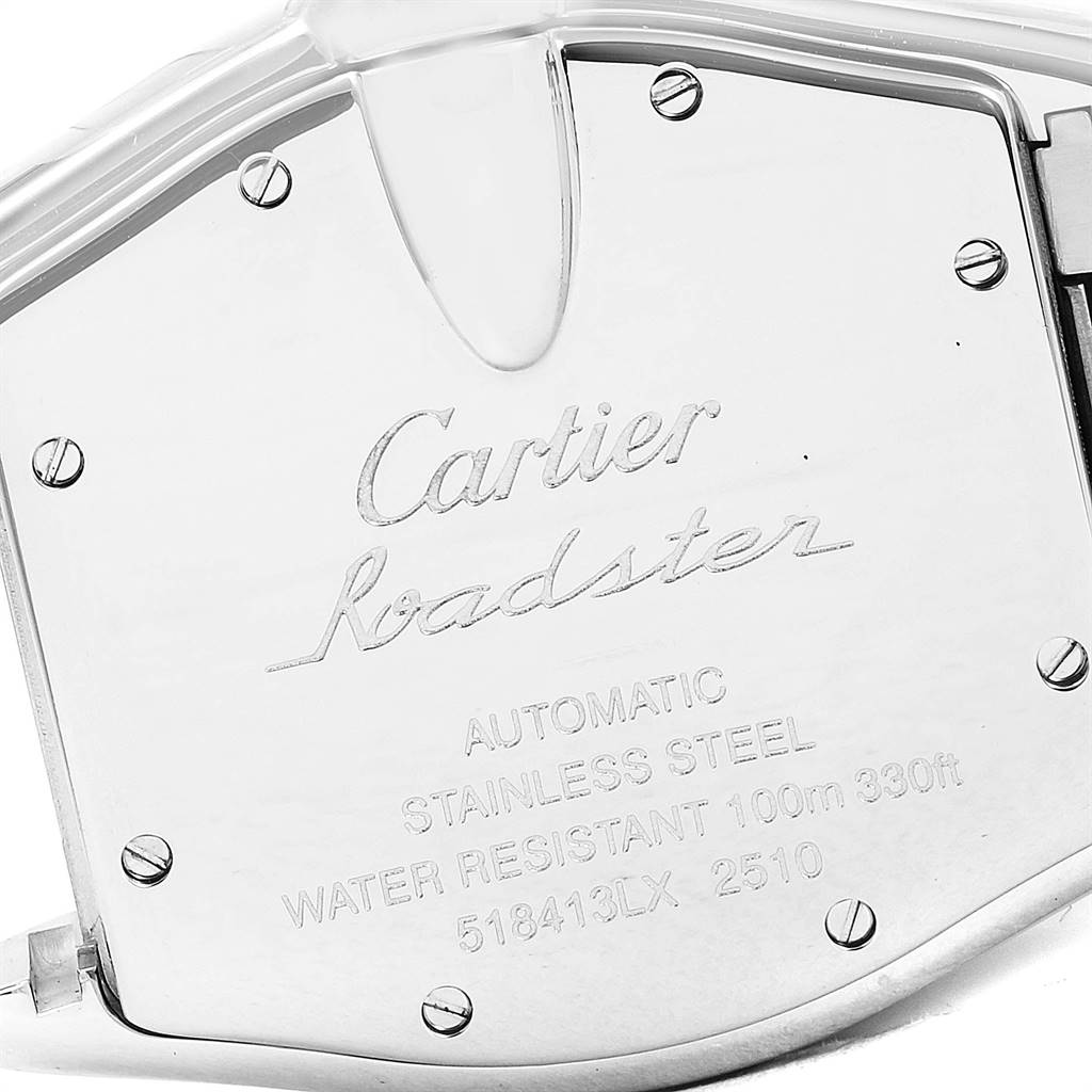 This image shows the back cover of a Cartier Roadster W62025V3 Men's Stainless Steel Silver Dial W62025V3 Men's Stainless Steel Silver Dial watch, detailing its specifications and model information.