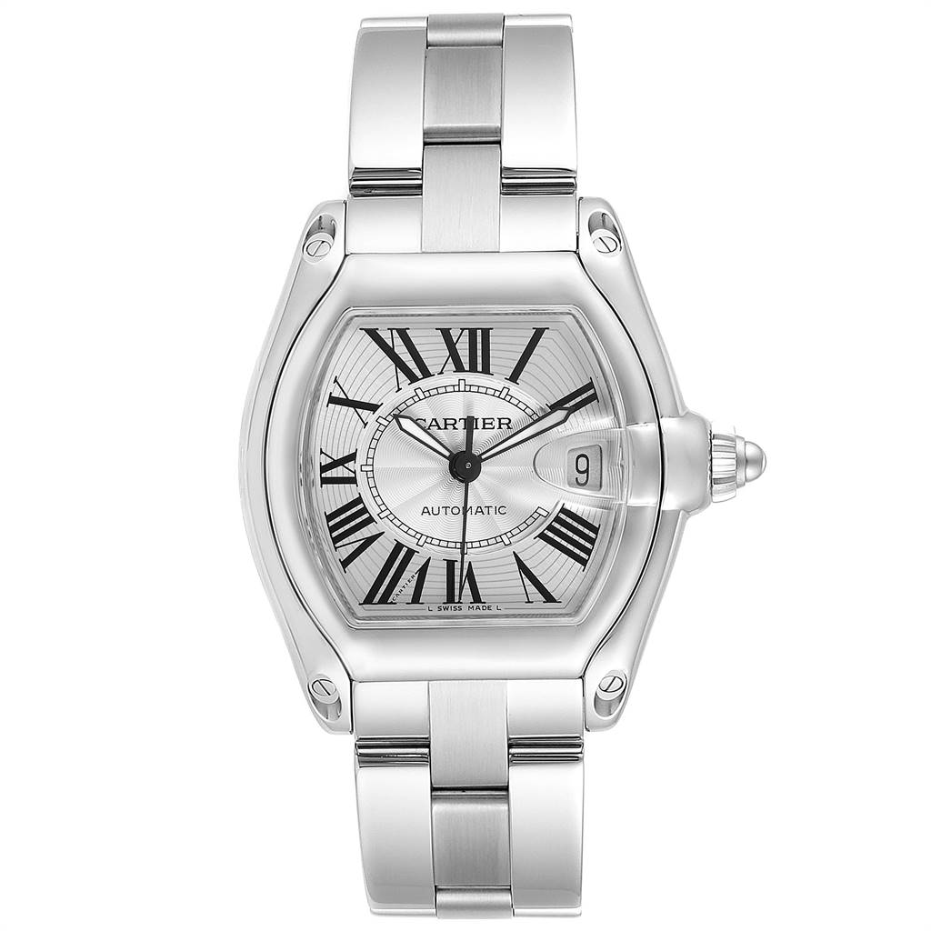 This image shows a Cartier Roadster W62025V3 Men's Stainless Steel Silver Dial W62025V3 Men's Stainless Steel Silver Dial watch from a front angle, highlighting its face, bezel, and metal bracelet.