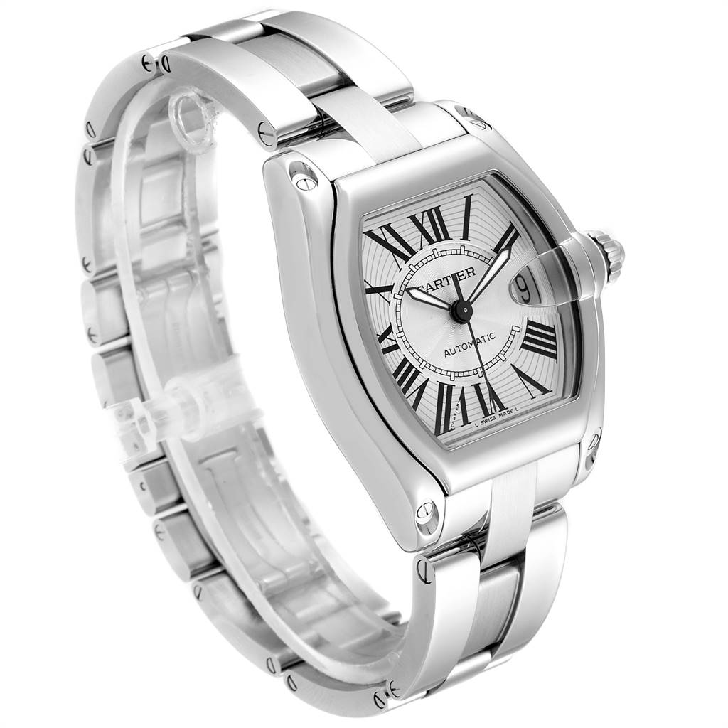This image shows a Cartier Roadster W62025V3 Men's Stainless Steel Silver Dial W62025V3 Men's Stainless Steel Silver Dial watch angled to display its dial, bezel, and metal bracelet.