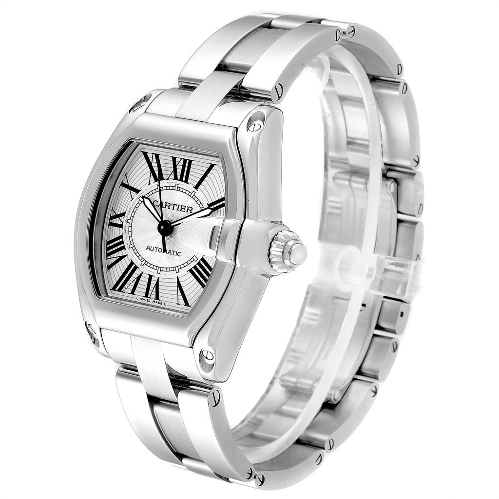 The image shows a Cartier Roadster W62025V3 Men's Stainless Steel Silver Dial W62025V3 Men's Stainless Steel Silver Dial watch at a three-quarter angle, highlighting its face, crown, and metal bracelet.