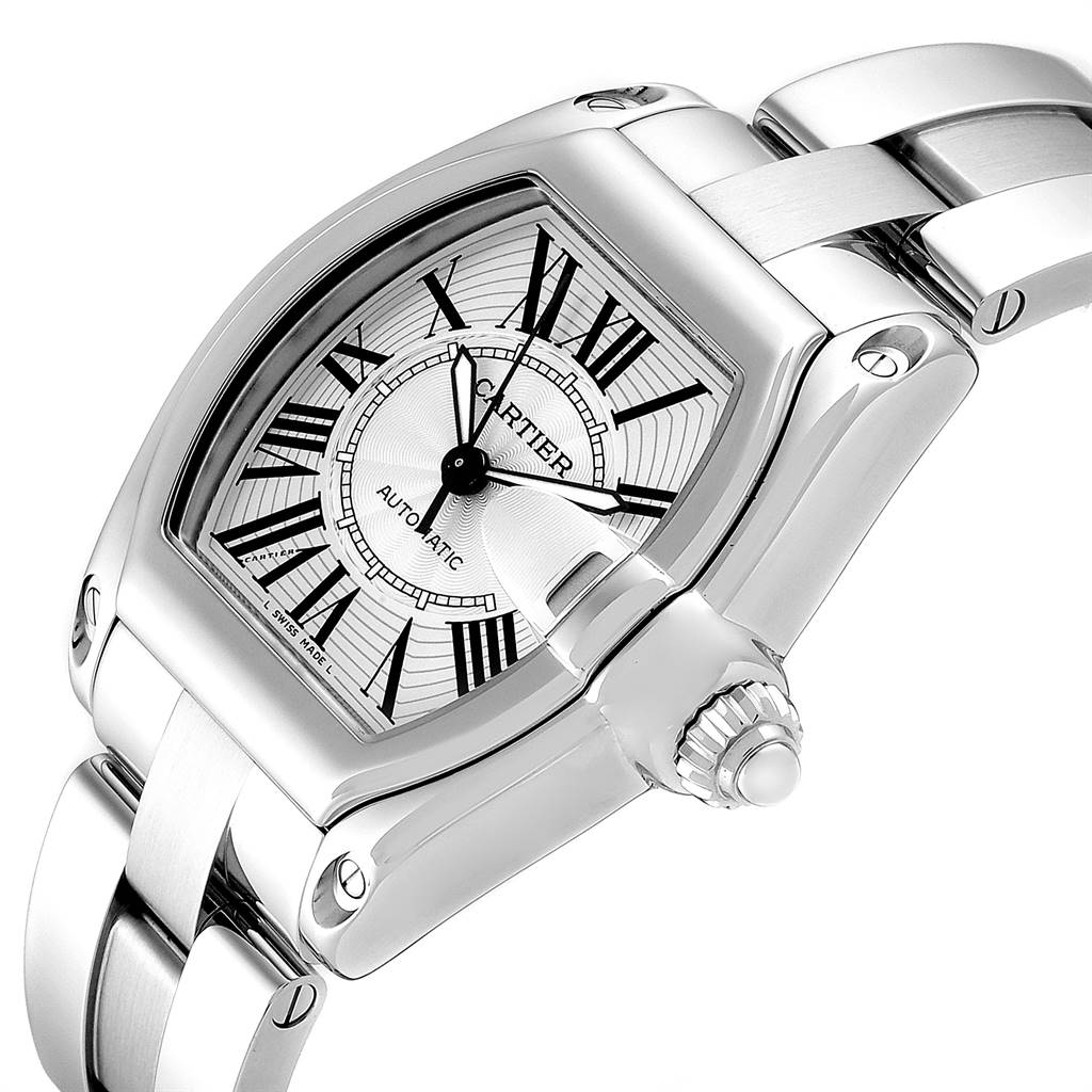 The image shows a top-down view of a Cartier Roadster W62025V3 Men's Stainless Steel Silver Dial W62025V3 Men's Stainless Steel Silver Dial watch, highlighting its face, bezel, and part of the bracelet.
