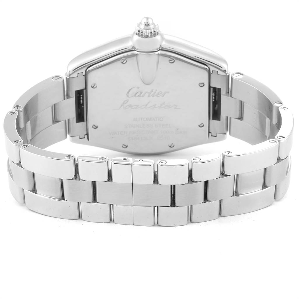 The image shows the back view of a Cartier Roadster W62025V3 Men's Stainless Steel Silver Dial W62025V3 Men's Stainless Steel Silver Dial watch, focusing on the case back and stainless steel bracelet.