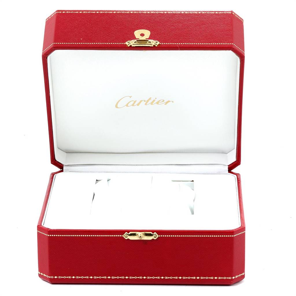 This image shows an open Cartier Roadster W62019X6 Men's Stainless Steel Silver Dial W62019X6 Men's Stainless Steel Silver Dial watch box from a front angle, revealing the interior.