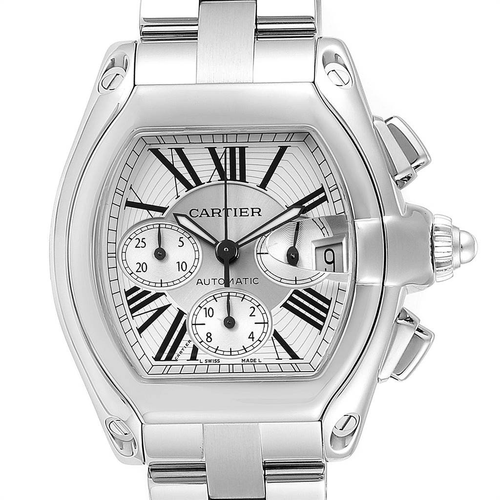 The Cartier Roadster W62019X6 Men's Stainless Steel Silver Dial W62019X6 Men's Stainless Steel Silver Dial watch is shown from the front, displaying the face, crown, and part of the bracelet.