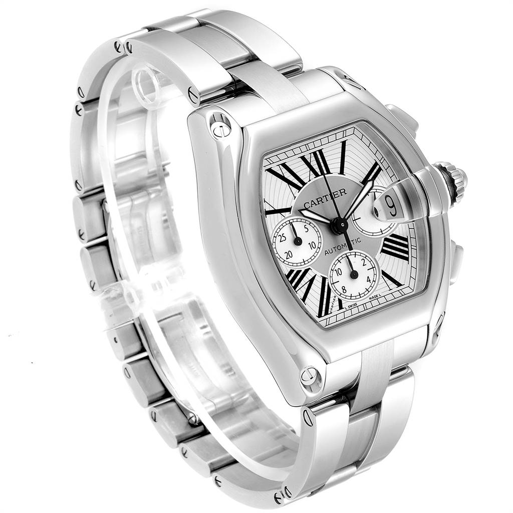 The image shows a Cartier Roadster W62019X6 Men's Stainless Steel Silver Dial W62019X6 Men's Stainless Steel Silver Dial watch at an angled side view, highlighting its bracelet, dial, and crown.