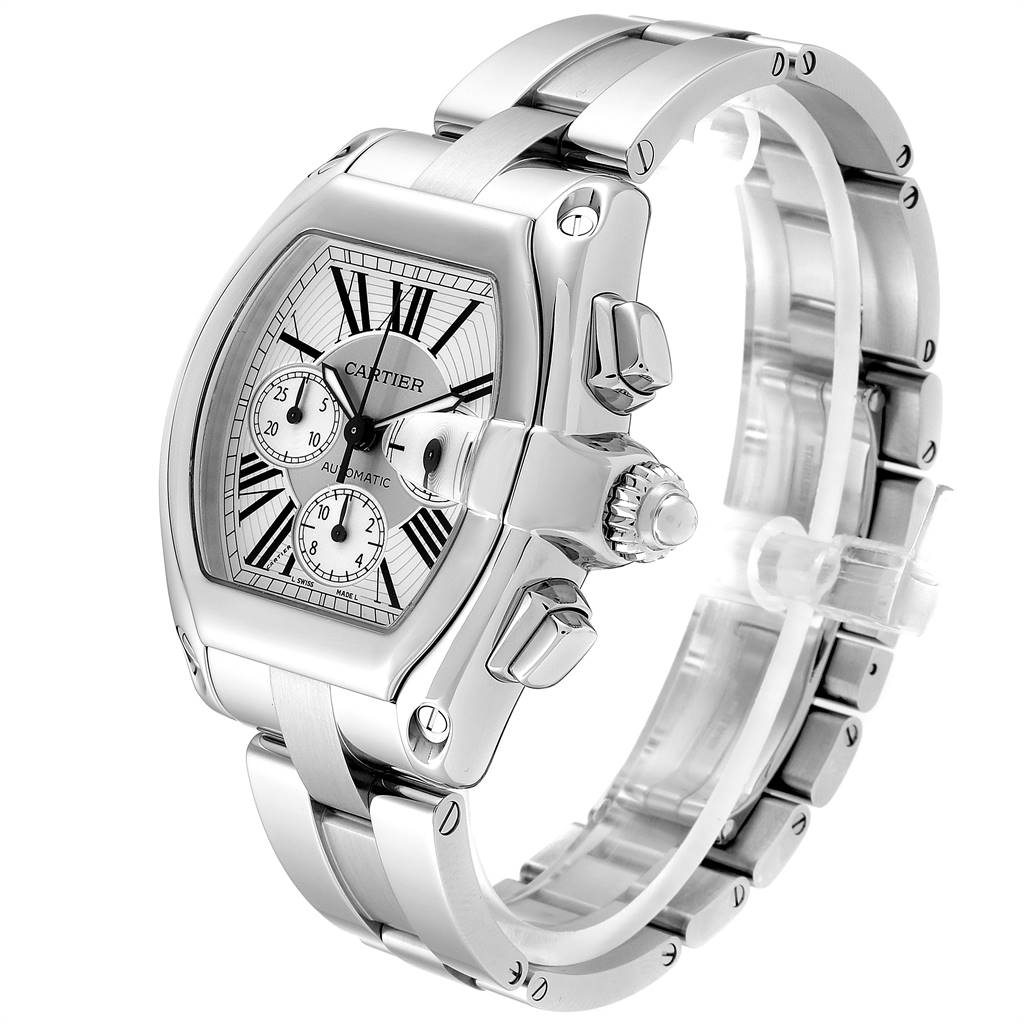 This Cartier Roadster W62019X6 Men's Stainless Steel Silver Dial W62019X6 Men's Stainless Steel Silver Dial watch is shown at a three-quarter angle, highlighting the dial, bezel, crown, and bracelet.