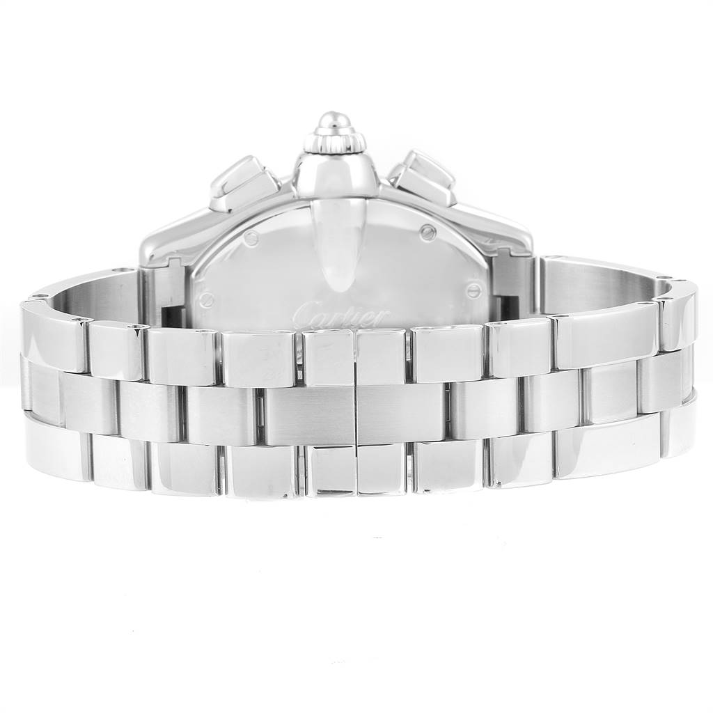The image shows the back view of a Cartier Roadster W62019X6 Men's Stainless Steel Silver Dial W62019X6 Men's Stainless Steel Silver Dial watch, highlighting its stainless steel bracelet and clasp.