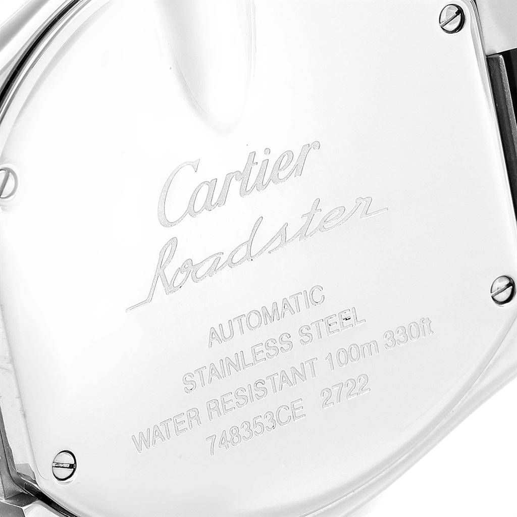 The image shows the case back of the Cartier Roadster W62032X6 Men's Stainless Steel Silver Dial W62032X6 Men's Stainless Steel Silver Dial watch, displaying engraving details and specifications.