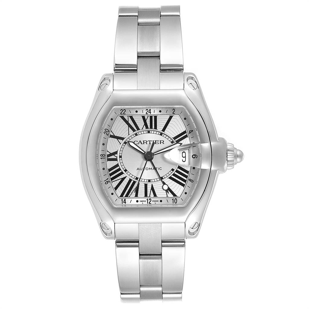 The Cartier Roadster W62032X6 Men's Stainless Steel Silver Dial W62032X6 Men's Stainless Steel Silver Dial watch is shown from a top-down angle, featuring its face, bezel, and band.