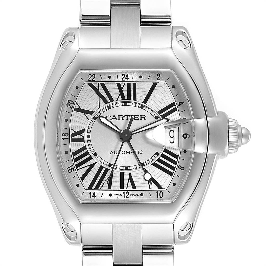 This image shows a front view of a Cartier Roadster W62032X6 Men's Stainless Steel Silver Dial W62032X6 Men's Stainless Steel Silver Dial watch, featuring its dial, case, crown, and bracelet.