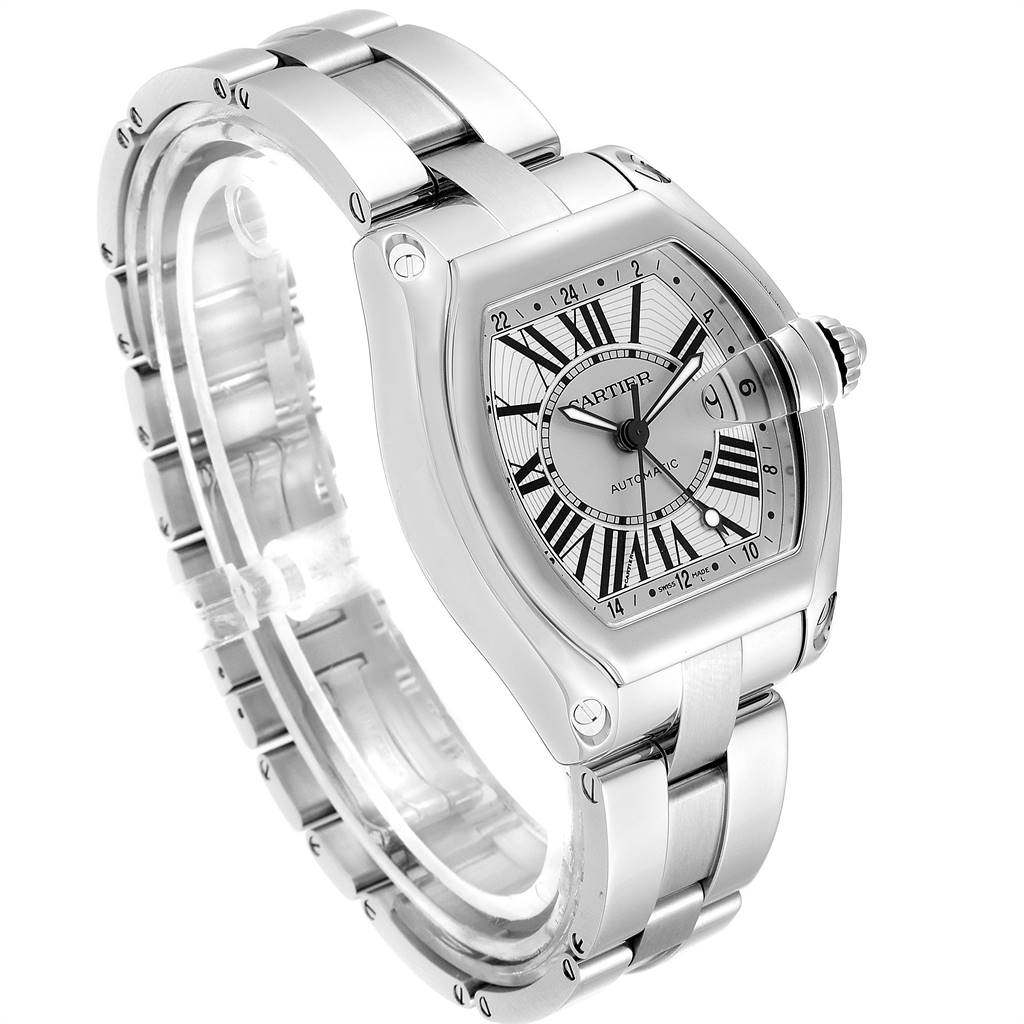 The image shows a three-quarter view of the Cartier Roadster W62032X6 Men's Stainless Steel Silver Dial W62032X6 Men's Stainless Steel Silver Dial watch, highlighting the face, bezel, and bracelet.