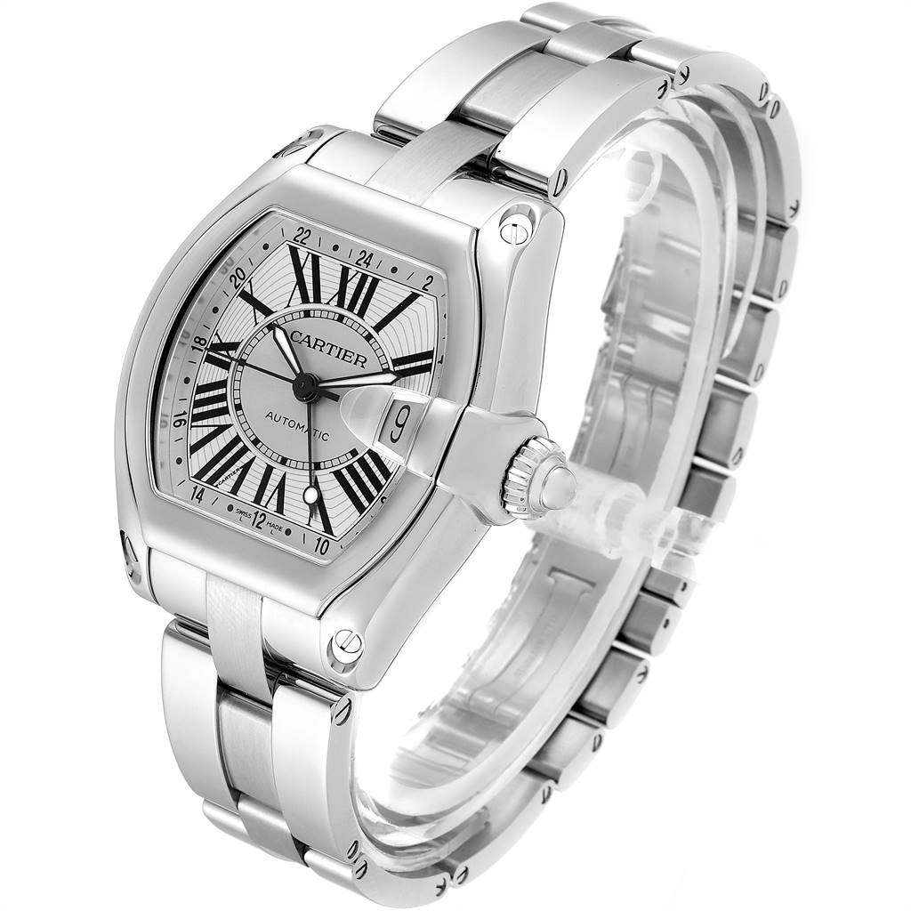 This image features a Cartier Roadster W62032X6 Men's Stainless Steel Silver Dial W62032X6 Men's Stainless Steel Silver Dial watch at a three-quarter angle, showcasing its face, crown, and bracelet.
