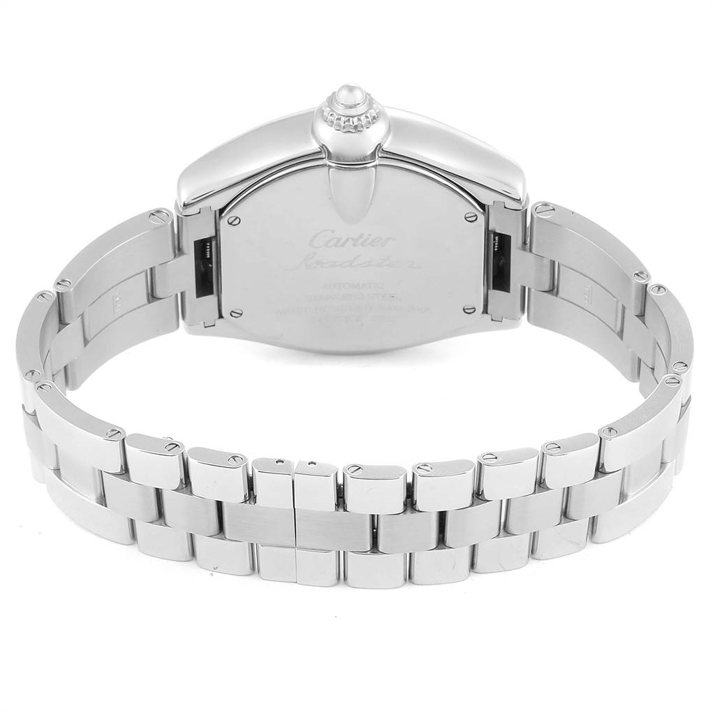 This image shows the back of a Cartier Roadster W62032X6 Men's Stainless Steel Silver Dial W62032X6 Men's Stainless Steel Silver Dial watch, including the case back and bracelet.