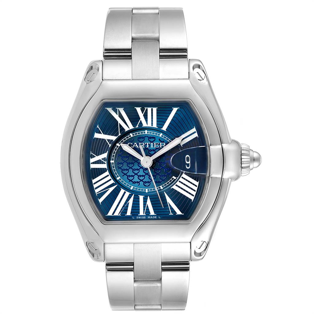 This is a front view of the Roadster model watch by Cartier, showing the face, bracelet, and crown.