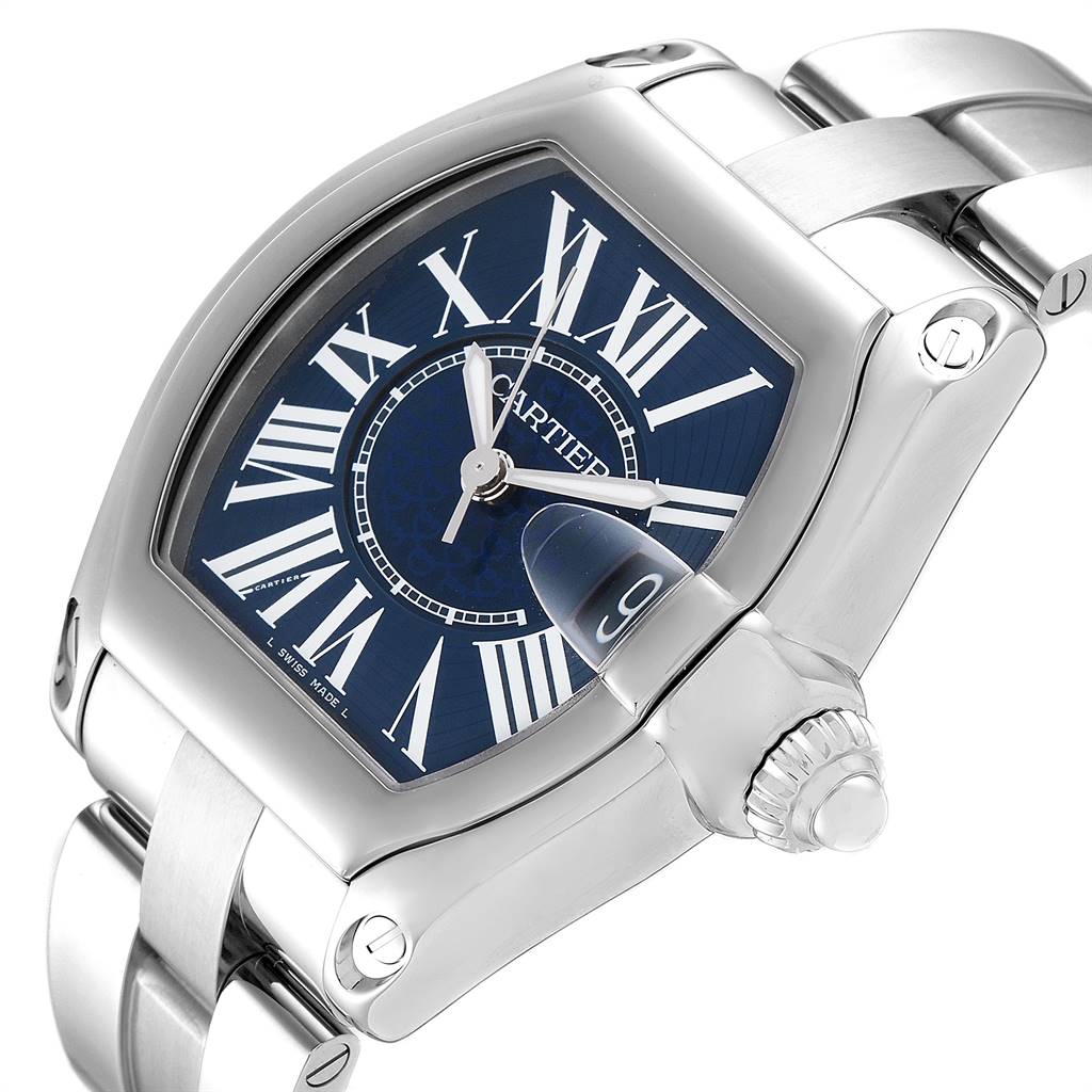 This image shows a close-up angle of the Cartier Roadster W6206012 Men's Stainless Steel Blue Dial W6206012 Men's Stainless Steel Blue Dial watch displaying the face, crown, and part of the bracelet.