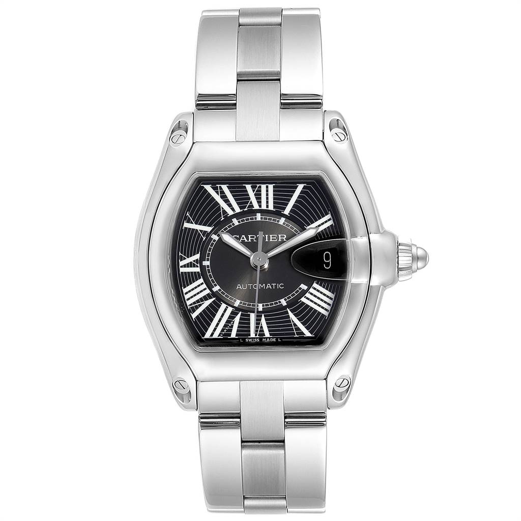 This is a front view of the Cartier Roadster W62041V3 Men's Stainless Steel Black Dial W62041V3 Men's Stainless Steel Black Dial watch, showing the face, bezel, crown, and part of the bracelet.