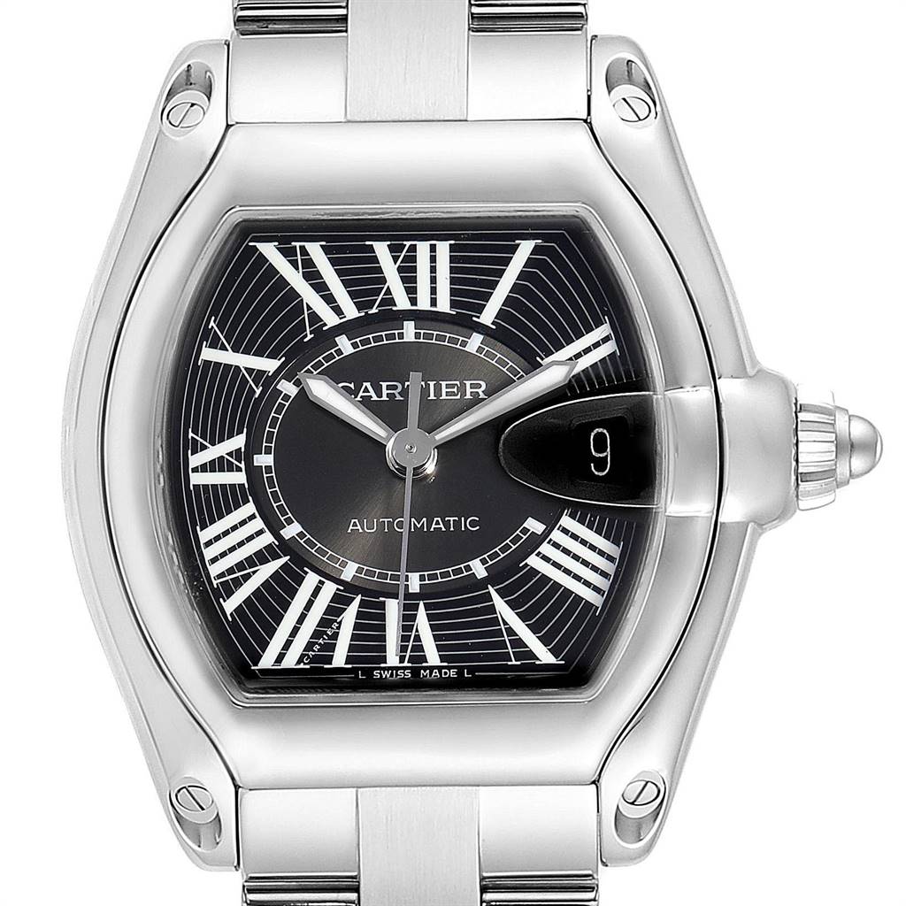 This image features a close-up of the Cartier Roadster W62041V3 Men's Stainless Steel Black Dial W62041V3 Men's Stainless Steel Black Dial watch, showing the face, bezel, and part of the bracelet from a top-front angle.