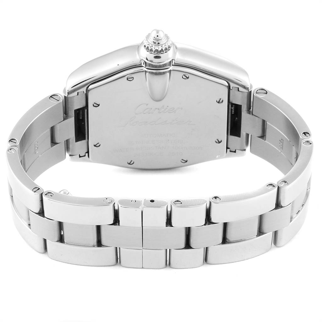 This image shows the back and bracelet of the Cartier Roadster W62041V3 Men's Stainless Steel Black Dial W62041V3 Men's Stainless Steel Black Dial watch.