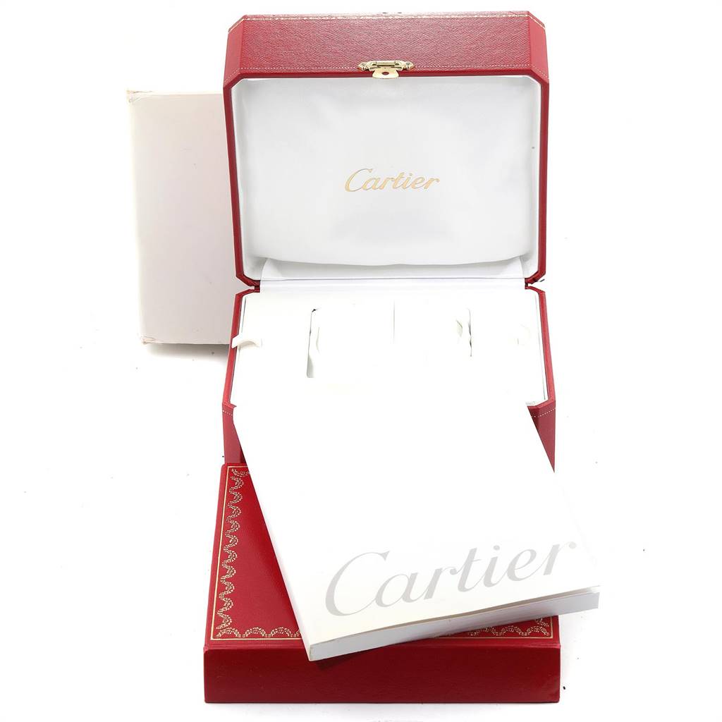 The image shows the open box packaging and booklet for the Cartier Roadster W62041V3 Men's Stainless Steel Black Dial W62041V3 Men's Stainless Steel Black Dial watch model.