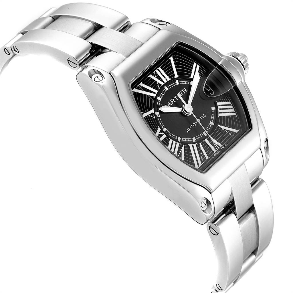 The image shows a Cartier Roadster W62041V3 Men's Stainless Steel Black Dial W62041V3 Men's Stainless Steel Black Dial watch at an oblique angle, highlighting its face, dial, and part of the bracelet.