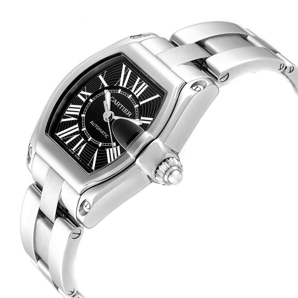 This image shows a side angle of a Cartier Roadster W62041V3 Men's Stainless Steel Black Dial W62041V3 Men's Stainless Steel Black Dial watch, highlighting its case, dial, crown, and part of the bracelet.