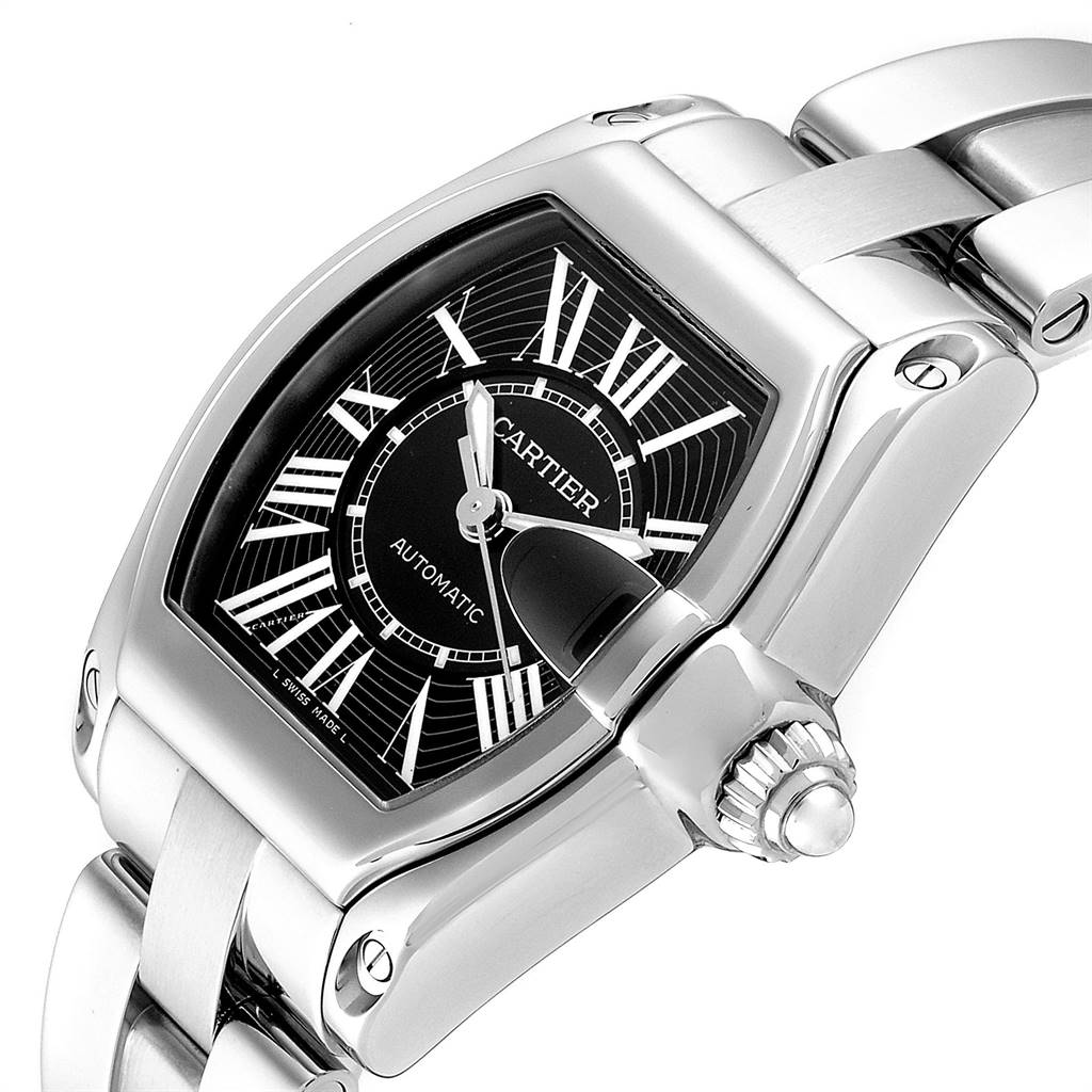 This image shows a close-up angle of a Cartier Roadster W62041V3 Men's Stainless Steel Black Dial W62041V3 Men's Stainless Steel Black Dial watch, highlighting the dial, crown, and part of the bracelet.