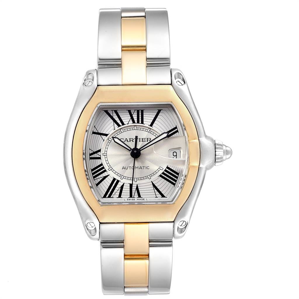 The image shows a front view of the Cartier Roadster W62031Y4 Men's Steel and Gold (two tone) Silver Dial W62031Y4 Men's Steel and Gold (two tone) Silver Dial watch, featuring its dial, bracelet, and crown.