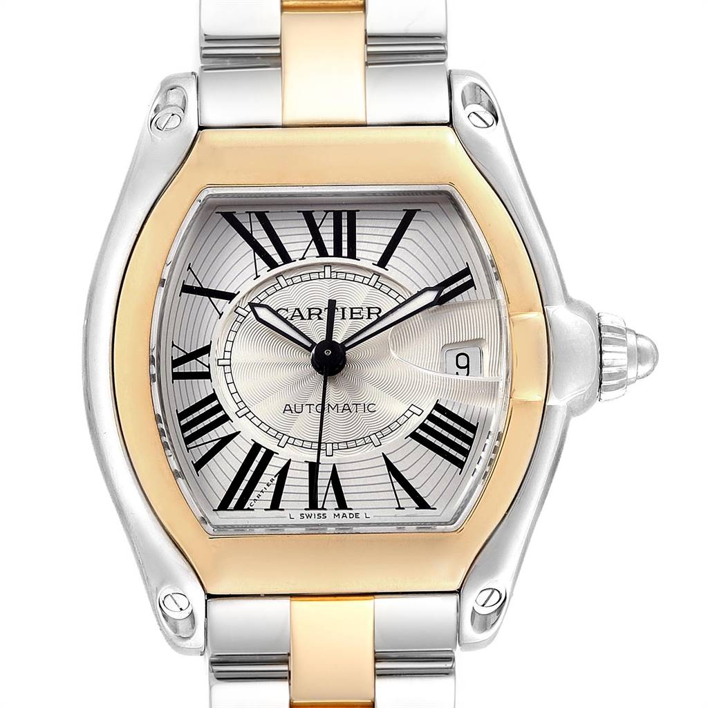 The image shows a Cartier Roadster W62031Y4 Men's Steel and Gold (two tone) Silver Dial W62031Y4 Men's Steel and Gold (two tone) Silver Dial watch from a front angle, displaying its dial, bezel, crown, and part of the bracelet.