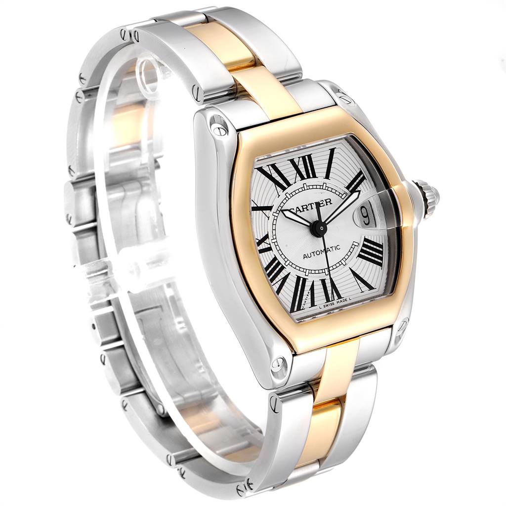 The image shows a Cartier Roadster W62031Y4 Men's Steel and Gold (two tone) Silver Dial W62031Y4 Men's Steel and Gold (two tone) Silver Dial watch at a three-quarter angle featuring the case and part of the bracelet.