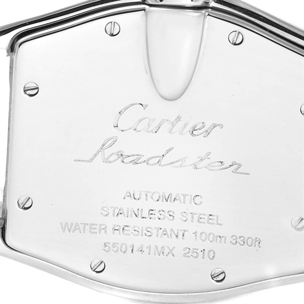 This is a close-up view of the back of a Cartier Roadster W62031Y4 Men's Steel and Gold (two tone) Silver Dial W62031Y4 Men's Steel and Gold (two tone) Silver Dial watch, displaying the model's details and specifications.