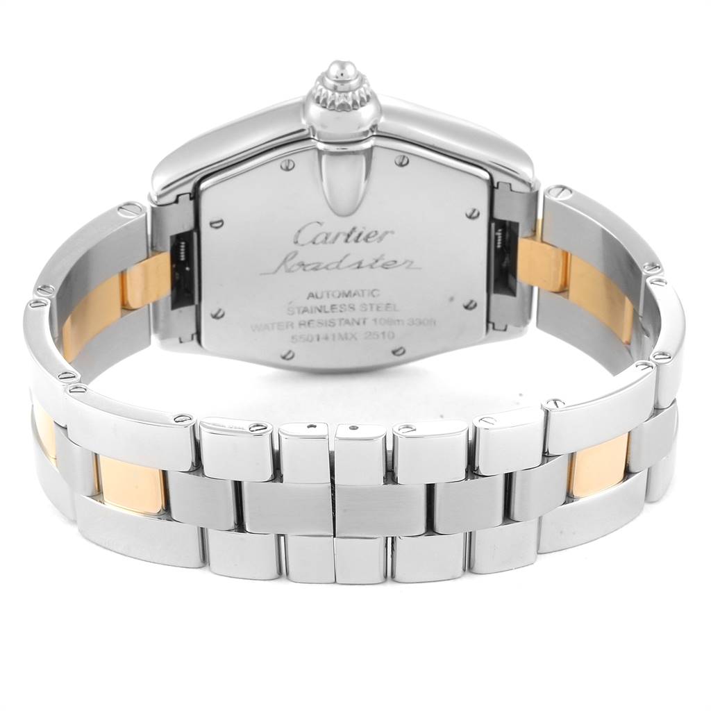 This image shows the back view of the Cartier Roadster W62031Y4 Men's Steel and Gold (two tone) Silver Dial W62031Y4 Men's Steel and Gold (two tone) Silver Dial watch, highlighting its stainless steel case and bracelet.
