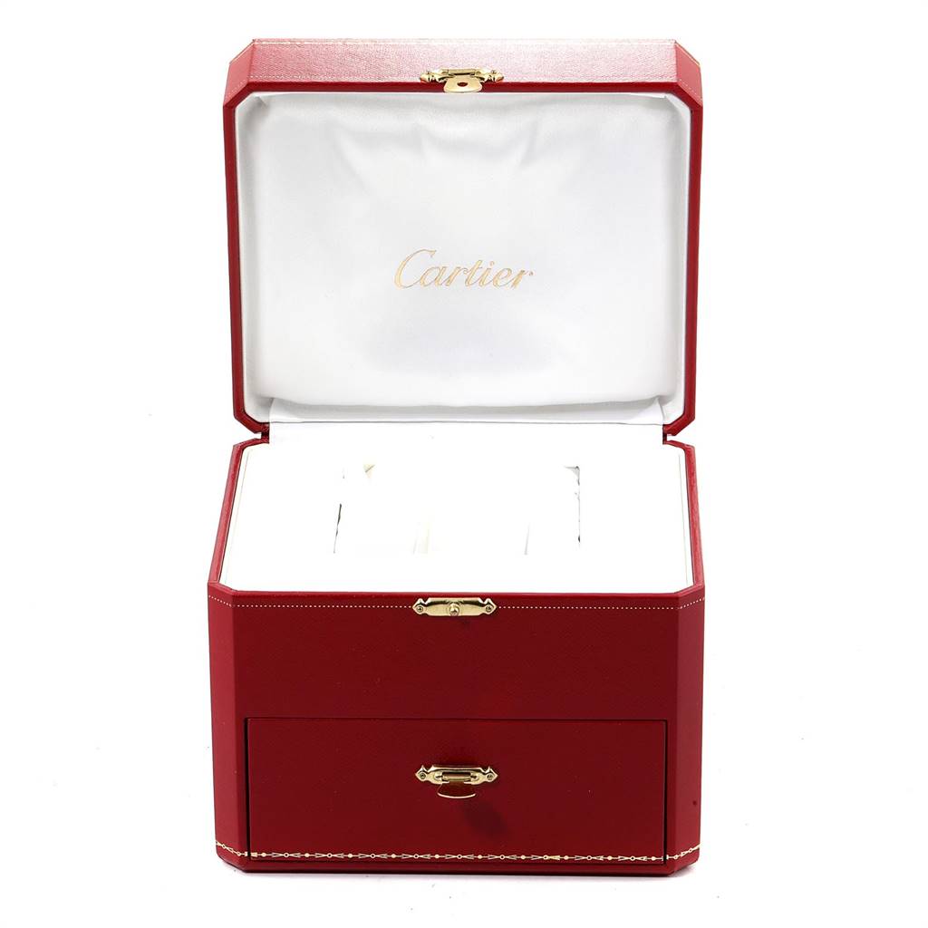 The image shows an open box with Cartier branding, likely designed for a Cartier Roadster W62031Y4 Men's Steel and Gold (two tone) Silver Dial W62031Y4 Men's Steel and Gold (two tone) Silver Dial model watch.