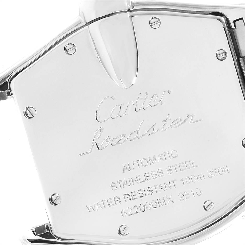 This image shows the case back of a Cartier Roadster W62031Y4 Men's Steel and Gold (two tone) Silver Dial W62031Y4 Men's Steel and Gold (two tone) Silver Dial watch, detailing model information and specifications.