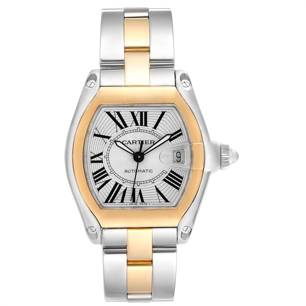 This Cartier Roadster W62031Y4 Men's Steel and Gold (two tone) Silver Dial W62031Y4 Men's Steel and Gold (two tone) Silver Dial watch is shown from a top-down view, displaying its face, bezel, and bracelet.
