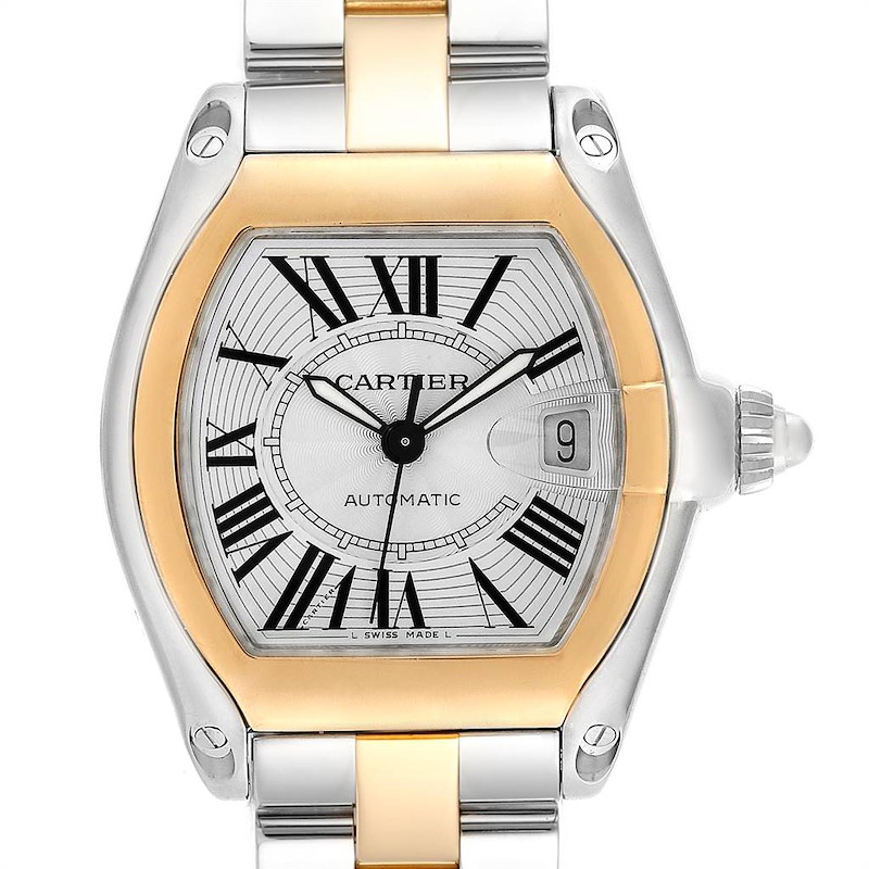 Cartier Roadster Yellow Gold Steel Silver Dial Mens Watch W62031Y4 Box SwissWatchExpo