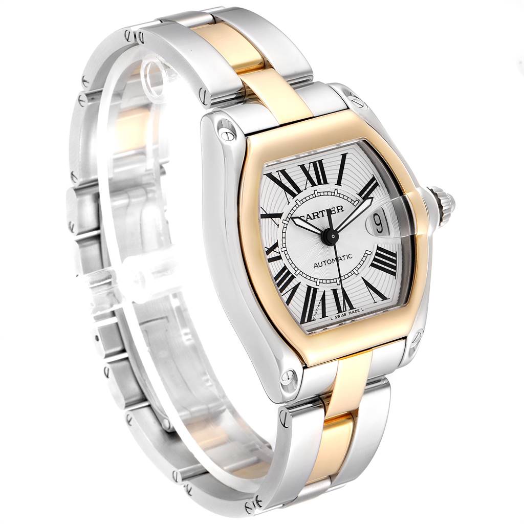 The image shows a Cartier Roadster W62031Y4 Men's Steel and Gold (two tone) Silver Dial W62031Y4 Men's Steel and Gold (two tone) Silver Dial watch at a slight left angle, displaying its face, bezel, and two-tone metal bracelet.