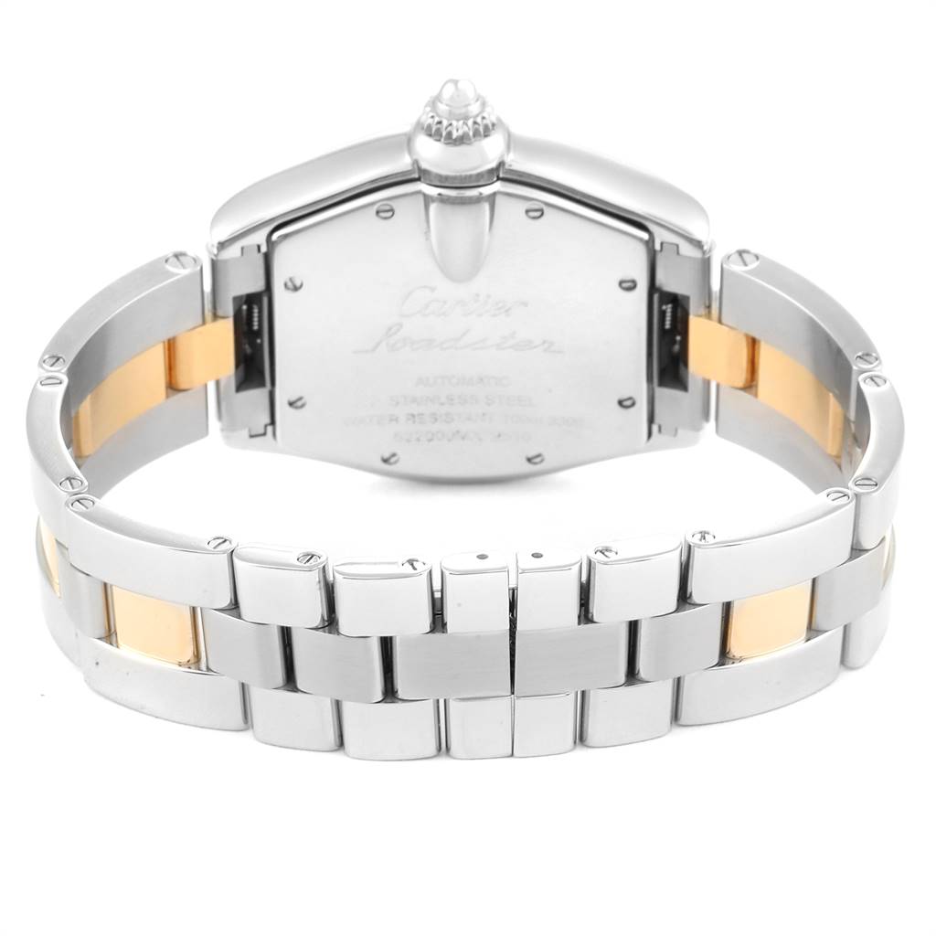 This image shows the back and bracelet of a Cartier Roadster W62031Y4 Men's Steel and Gold (two tone) Silver Dial W62031Y4 Men's Steel and Gold (two tone) Silver Dial watch.
