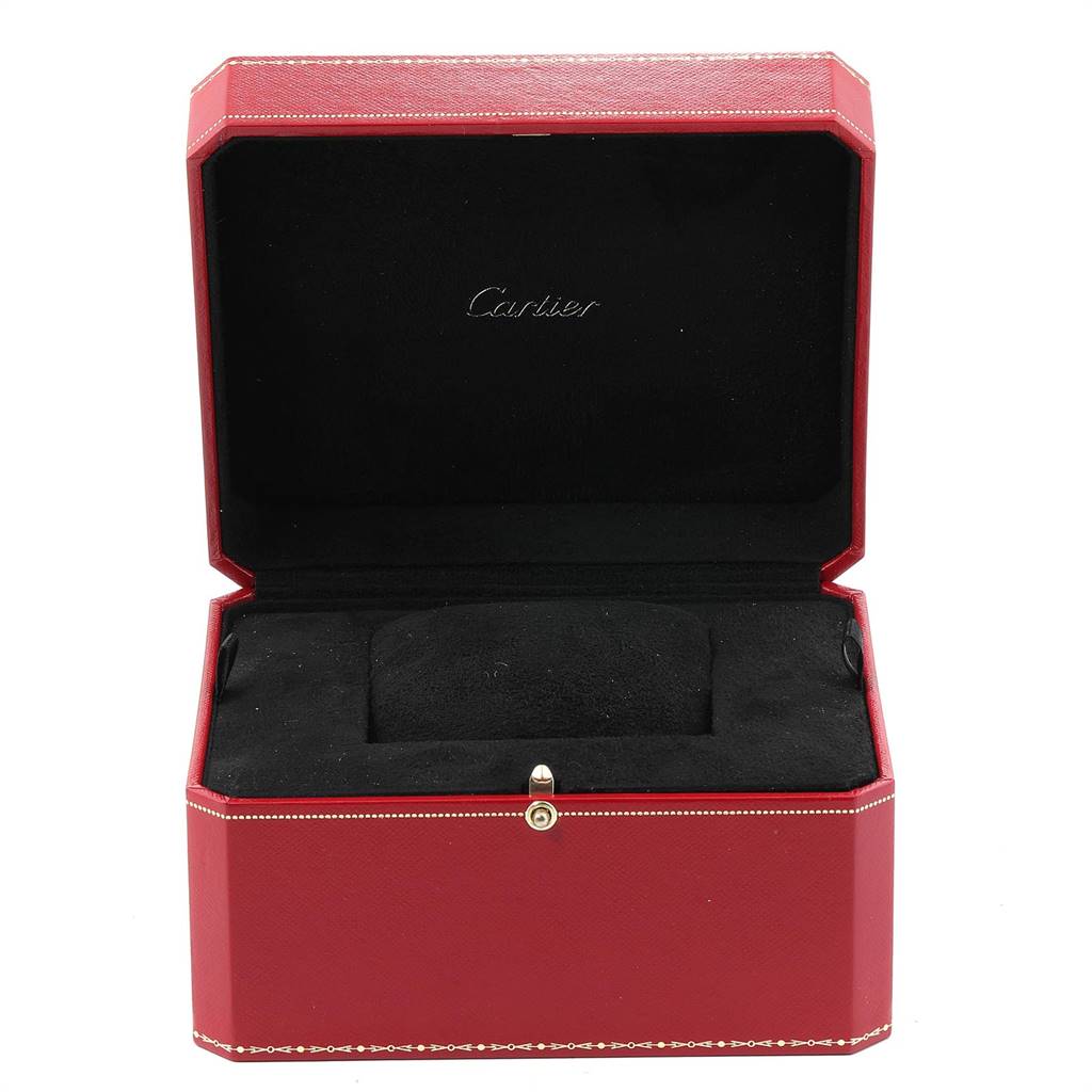 The image shows an open red Cartier watch box for the Roadster model, featuring a black interior with a cushion.