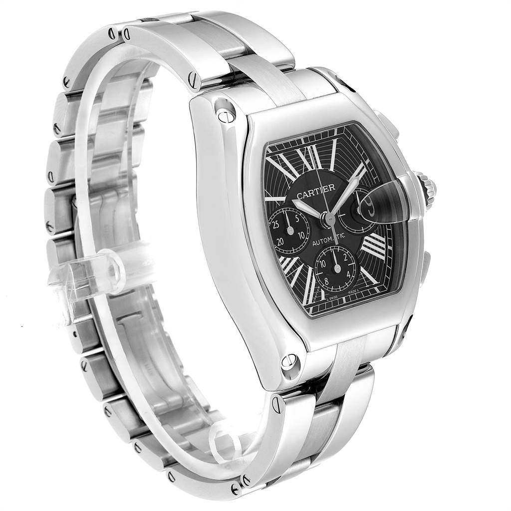 The Cartier Roadster W62020X6 Men
s Stainless Steel Black Dial W62020X6 Men
s Stainless Steel Black Dial watch is shown at a slight angle, highlighting its distinctive case, dial, and metal bracelet.