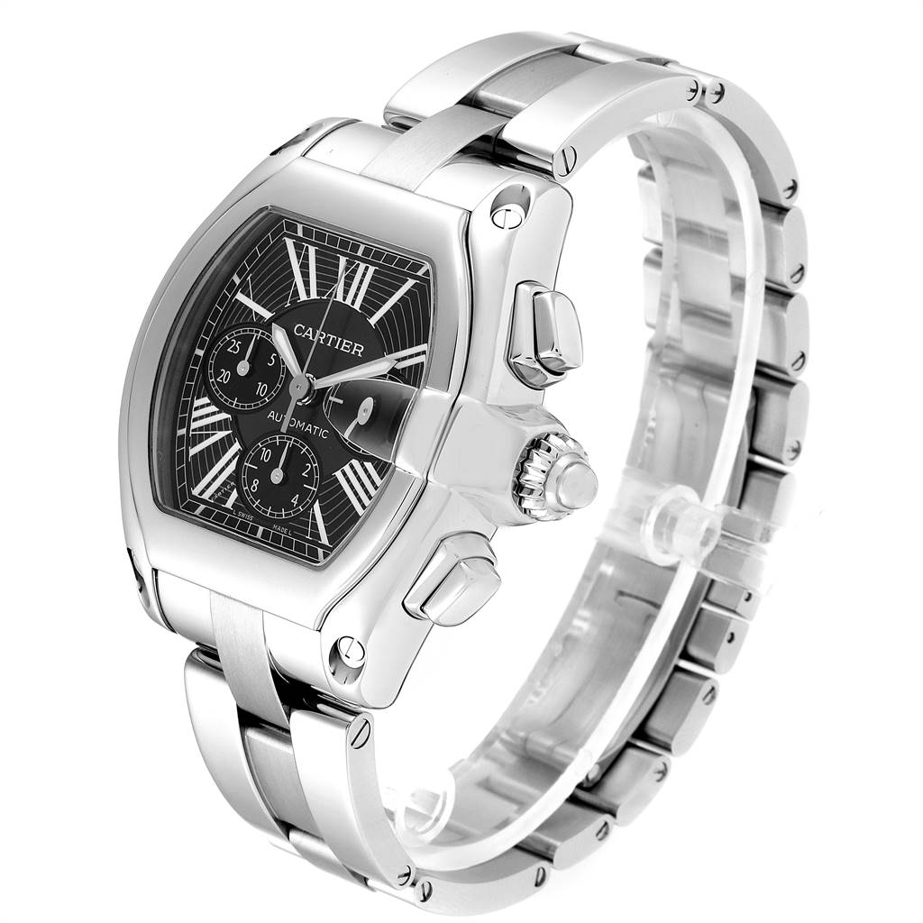The image shows a Cartier Roadster W62020X6 Men
s Stainless Steel Black Dial W62020X6 Men
s Stainless Steel Black Dial watch at a slight angle, displaying its face, crown, pushers, and metal bracelet.