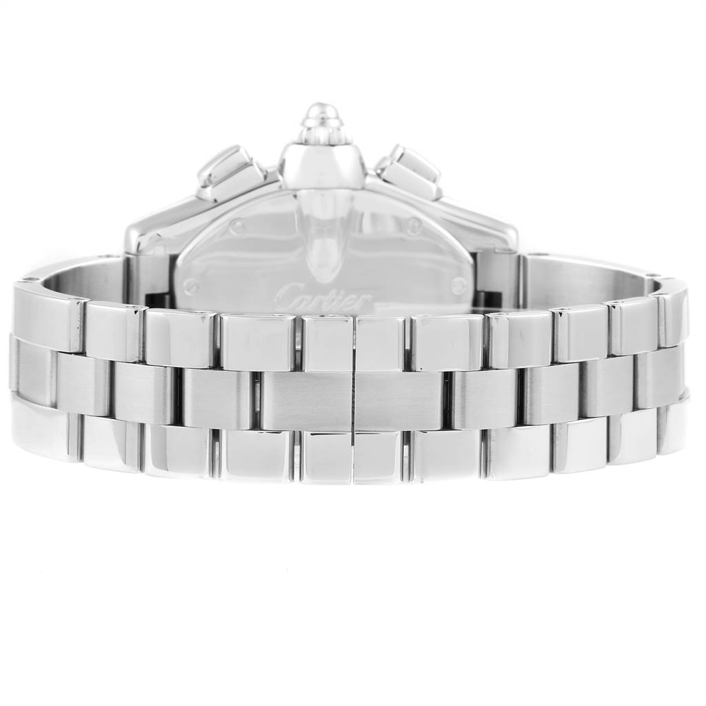 The image shows the back and bracelet of a Cartier Roadster W62020X6 Men
s Stainless Steel Black Dial W62020X6 Men
s Stainless Steel Black Dial watch, highlighting its stainless steel links.