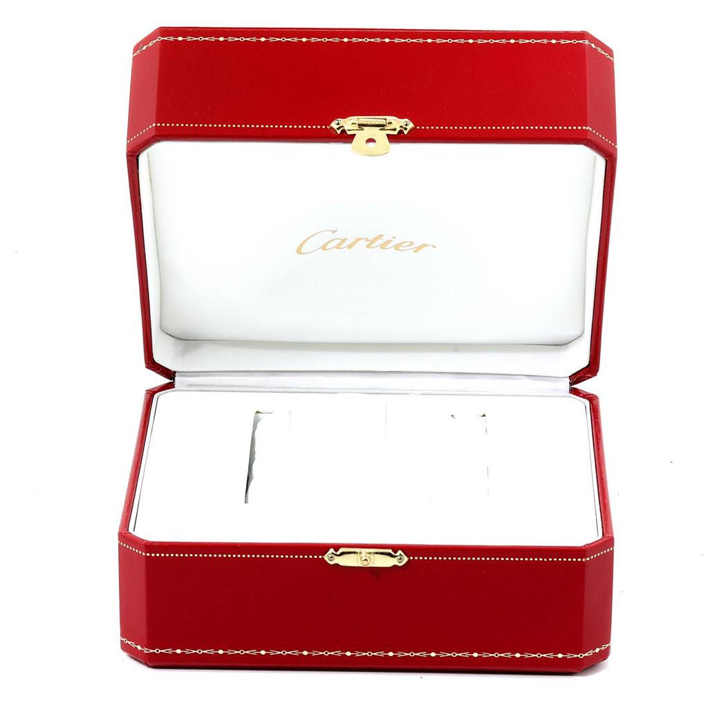 The image shows an open red and white Cartier box for the Roadster model watch.