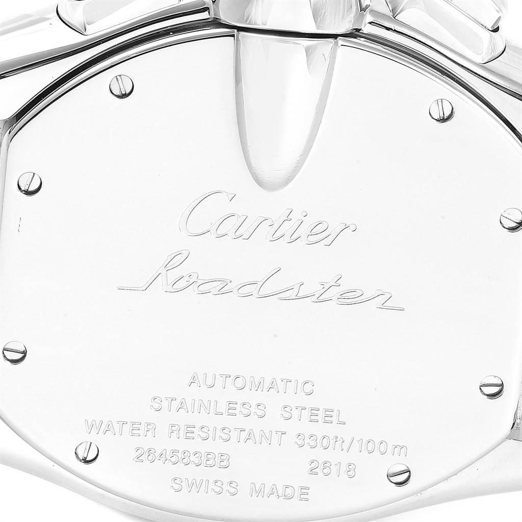 This image shows the back case of the Cartier Roadster W62020X6 Men's Stainless Steel Black Dial W62020X6 Men's Stainless Steel Black Dial watch, highlighting the brand engraving and specifications.